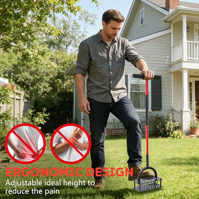 Lawn Aerator Tool, 16 Iron Spikes Manual Grass Aerator Lawn Tool with Spring-Loaded Design & Adjustable T-Handle, Automatic Leaf and Dirt Cleaning Yard Aerator for Loosening Soil Aerating Patio Garden