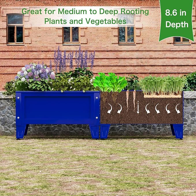 Raised Garden Bed with Detachable Legs Elevated Metal Planter Box for Growing Fresh Herbs Vegetables Flowers Succulents&Other Plants for Outdoor Backyard Patio (Blue - Low Height)