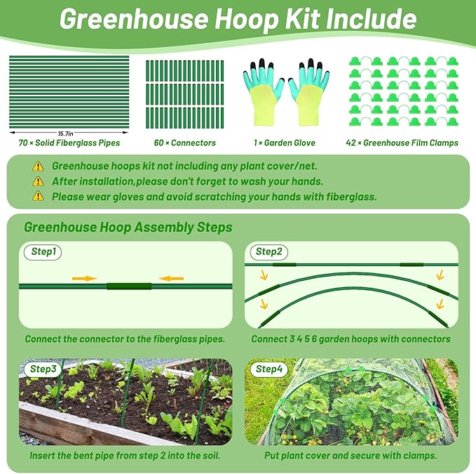 70 PCS Garden Hoops for Raised Beds 14 Sets Garden Tunnel Hoops Greenhouse Hoops Grow Tunnel, Rust-Free Fiberglass Garden Hoops Frame for Netting Shade Cloth Cover