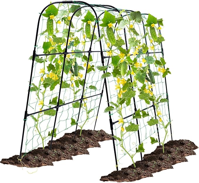 Garden Trellis for Climbing Plants Outdoor, Cucumber Trellis for Raised Bed Garden, Arch Trellis Support for Cucumbers Tomatoes Beans Peas, 50x48 inch, Metal Trellis with Netting, Black