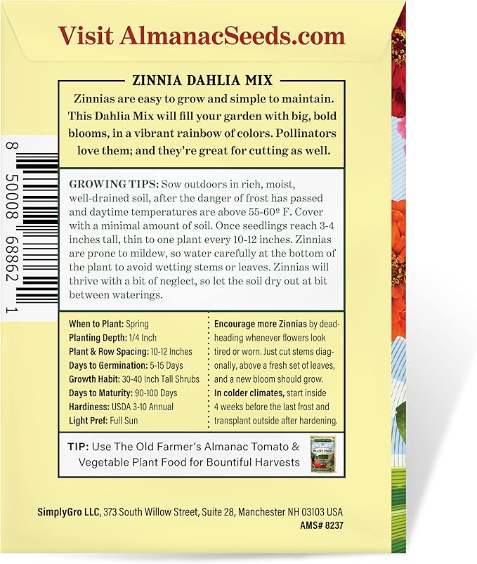The Old Farmer's Almanac Zinnia Seeds (Dahlia Mix) - Approx 200 Flower Seeds - Premium Non-GMO, Open Pollinated, USA Origin