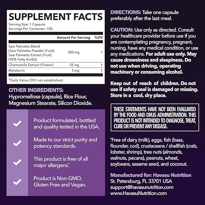 Saw Palmetto PM for Men with Melatonin 3mg - Night Time Prostate Health Supplement for Bladder and Sleep Support - Reduce Urinary Frequency - 100 Count - Vegan, Non-GMO Capsules - Over 3 Month Supply