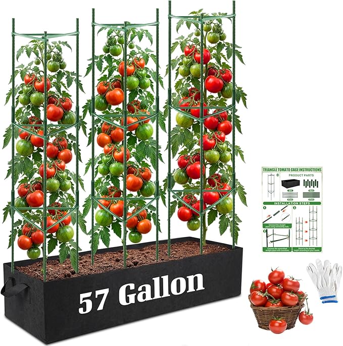 3-Pack Tomato Cages with 57 Gallon Raised Garden Bed - 48" Anti Collapse Heavy Duty Plant Support Trellis for Climbing Vegetables Plants Flowers ,Adjustable Vertical Tomato Trellis for Garden Balcony