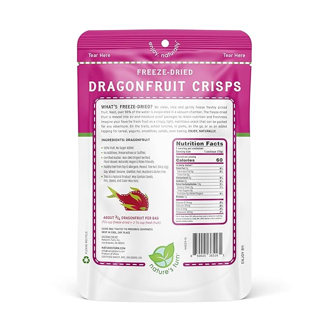 Nature’s Turn Freeze-Dried Dragon Fruit Crisps – Healthy, Gluten-Free, Crispy & Delicious, Plant-Based Snack, Ideal for Cereal, Smoothies, School Lunches, & On-the-Go, Bags of 6 (0.53 oz Each)