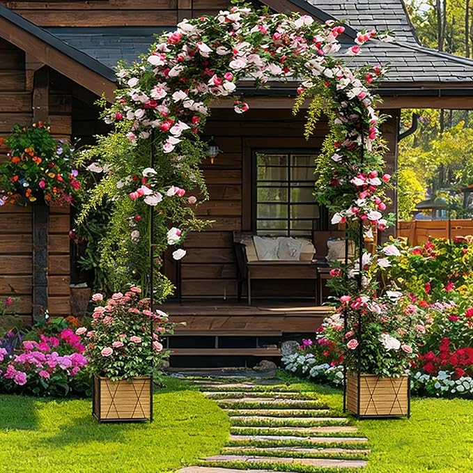 Metal Garden Arch Trellis for Climbing Plants Outdoor, 8.2FT Garden Arbors Archway Arched Trellis with Planter Boxes, Wedding Arches for Ceremony Arch Backdrop Stands for Party Decorations, Black