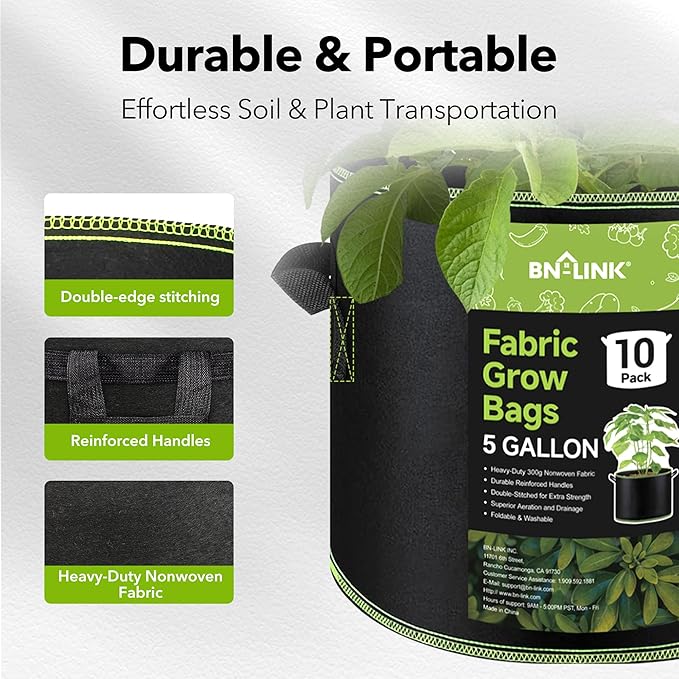 BN-LINK 10-Pack 5 Gallon Grow Bags, Heavy Duty Aeration Fabric Pots with Handles, Thickened Nonwoven Plant Bags for Vegetables, Flowers, Fruits