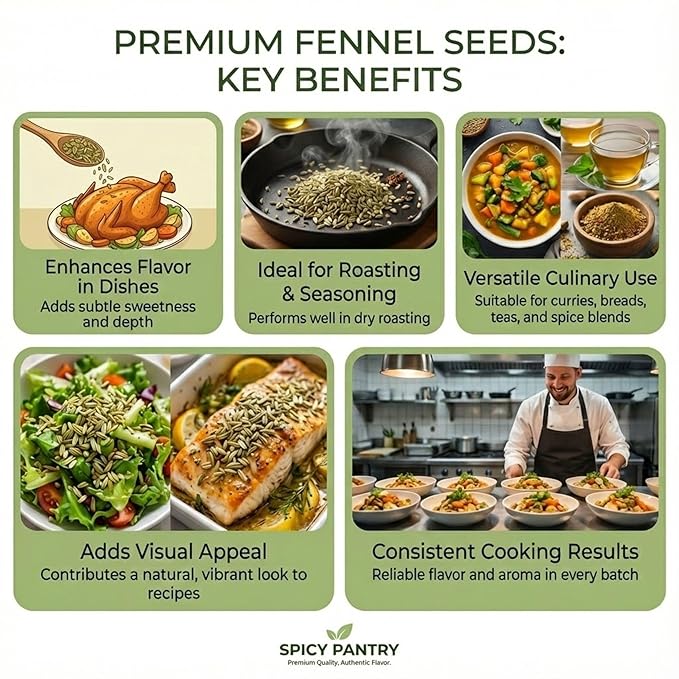 Spicy Pantry Fennel Seeds Whole - Foeniculum vulgare - 100% Natural - Resealable Bag - Great for Tea, Cooking, and Baking - 12 oz