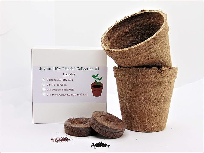 Joyous Jiffy "Herb" Collection #1 - (2) Round 3x3 Jiffy pots, (2) Soil Peat Pellets, (1) 25+ Oregano Seed Pack and (1) 25+ Sweet Genovese Basil Seed Pack. - Country Creek LLC