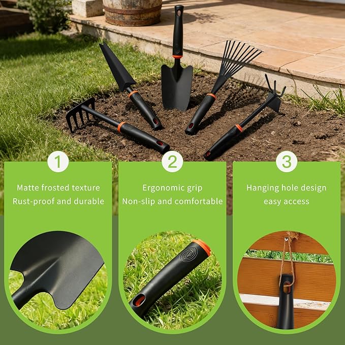 5 Pack Garden Tool Set, Gardening Hand Tools with Rubber Handle, Including Trowel, Rakes, 2-in-1 Hoe and Crack Weeder for Planting, Weeding, Transplanting, Digging, Trimming and Clearing