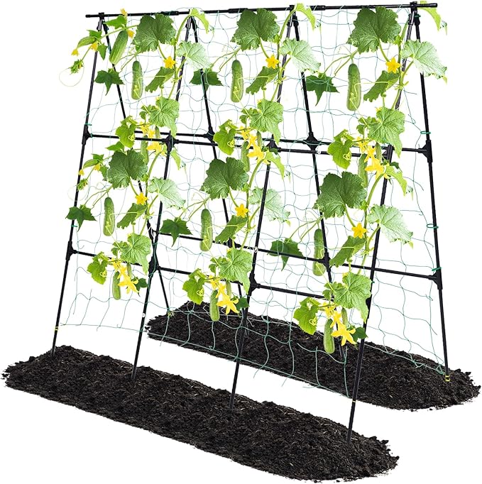 Garden Cucumber Trellis for Climbing Plants Outdoor, 50x48 inch A Frame Cucumber Trellis for Garden Raised Bed, Plant Support for Vegetable Vine Pea Bean, with Netting, Black