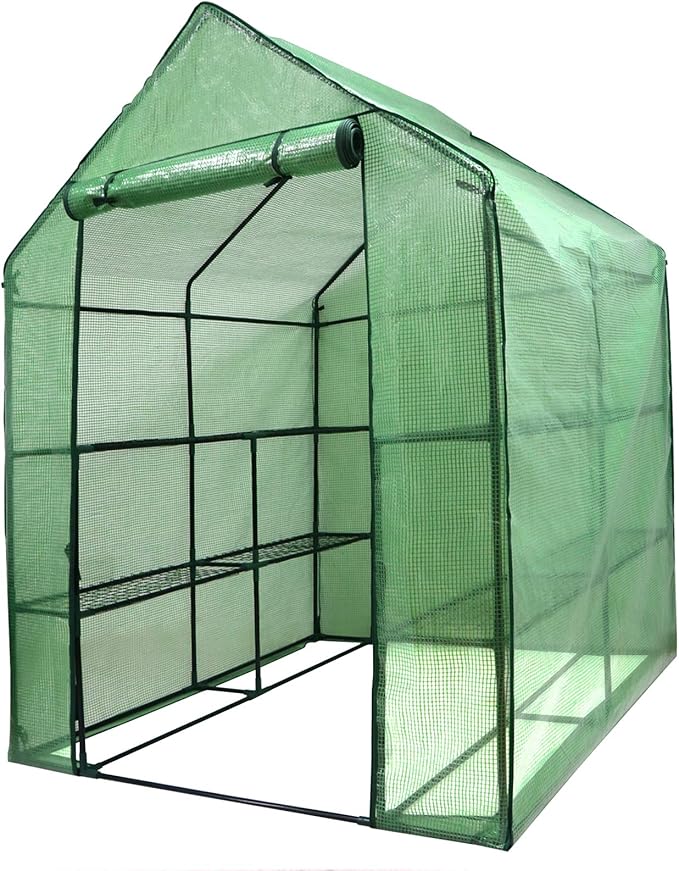 LEMY Walk-in Greenhouse for Outdoors,2-Tier 8 Shelves Heavy-Duty PE Cover with Roll-Up Zipper Door and Windows,Steel Frame Plant Hot House with Anchors,Ropes for Garden,Patio