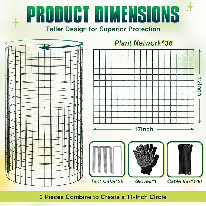 12 Pack 17" x 12" Tall Round Plant Cage - 36PCS Plant Support Cage Metal Wire Mesh Plant Protector for Outdoor Gardening Supplies Garden Protection Rabbits Chickens Ducks for Vegetables Flowers Shrubs