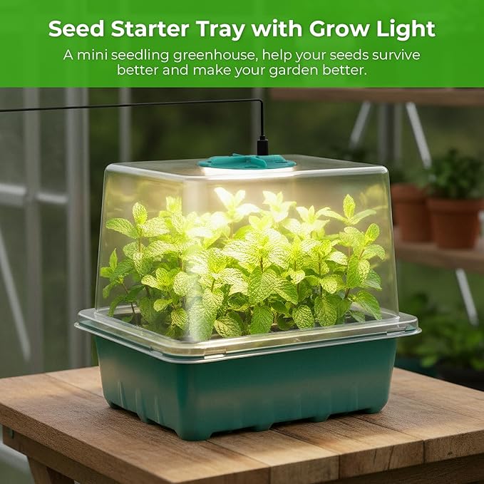 Seed Starter Tray with Grow Light, 6pcs Seed Starter Kits with Light and Adjustable Humidity Domes, Covers Height 3.9", Indoor Seedling Starter Plant Germination Trays (Green-Warm White)