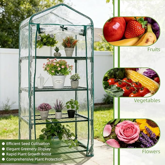 Mini Greenhouse for Indoor Outdoor, Small Plants Green House with 4 Tier Shelves, Portable Plastic Greenhouses with Transparent PVC Cover for Garden Backyard Patio Balcony Porch