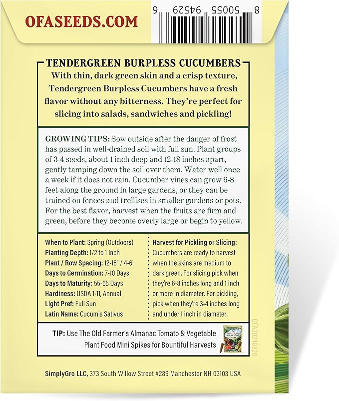 The Old Farmer's Almanac Heirloom Tendergreen Burpless Cucumber Seeds - Premium Non-GMO, Open Pollinated, Heirloom, USA Origin (1 Packet (2 Grams - Approx 60 Seeds))