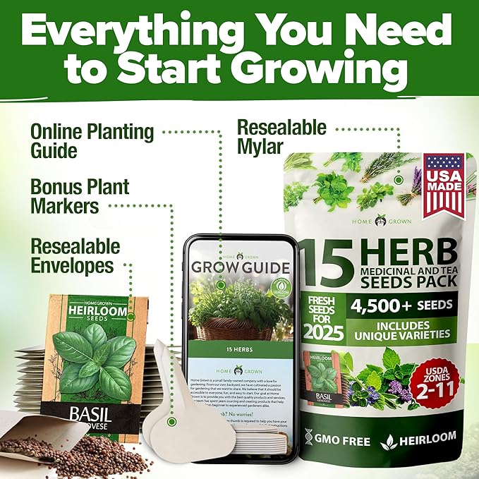 HOME GROWN Culinary Herb Seeds Bundle – 5,924+ 𝗡𝗢𝗡-𝗚𝗠𝗢 USA-SOURCED Heirloom Seeds | 1424 Italian Basil + 15 Variety 4500+ Herb Seed Kit – Indoor Hydroponics & Outdoor Garden Starter Pack