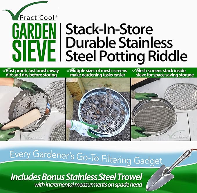 Garden Potting Mix Sieve - Stainless Steel Riddle - Soil sifting pan - with 4 Interchangeable Filter mesh Sizes - 3,6,9,12 mm and Bonus Spade