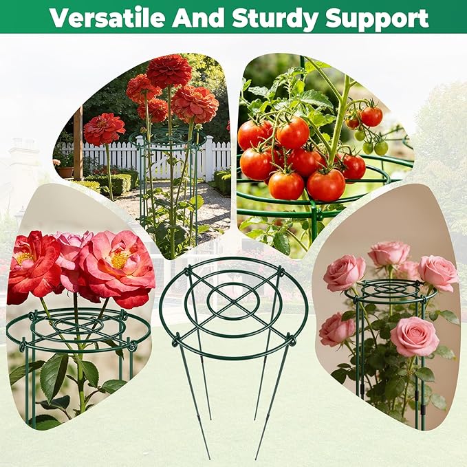 QwayHome 3Pack Peony Cages and Supports, 33'' H x 13''D Grow Through Plants Support, Adjustable High, Heavy Duty, Rust-Resistant, Round Plant Support Ring for Rose Tomato Strawberry Indoor Outdoor