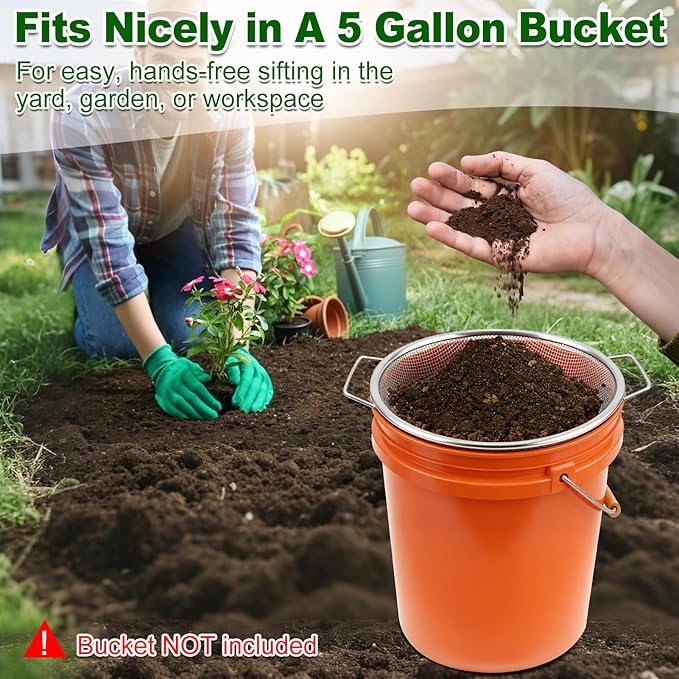 cyrico Soil Sifter for Gardening, 3Pcs Rock Sifter for 5 Gallon Bucket, Heavy Duty Garden Sieve with Handles, 1/4, 1/8, 3/8 Inch Mesh Sifting Screen Pan Tray for Compost, Dirt, Sand, Gravel, Sawdust