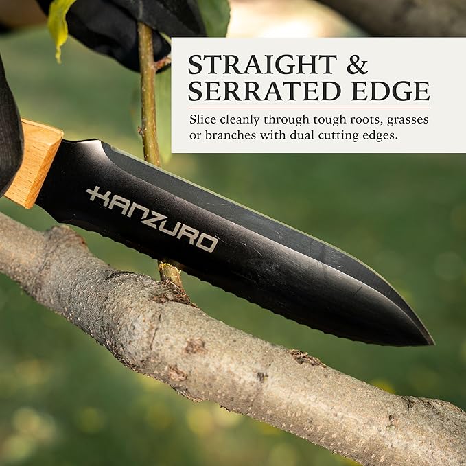 Hori Hori Garden Knife - Japanese Style Weeding & Digging Knife with Stainless Steel Blade, Depth Markings, Wooden Handle & Protective Sheath - Black