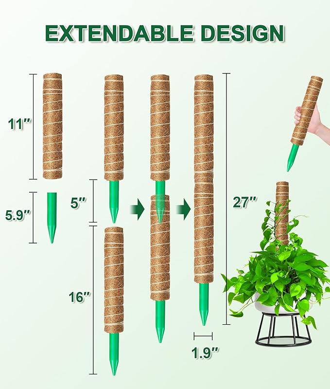 EAONE Moss Pole 128 Inch, 8 Pack 16" Monstera Plant Support for Climbing Potted Live Plants Indoor, Stackable Coco Coir Moss Sticks Monstera Stakes for Pothos Philodendron, with Garden Labels & Ties