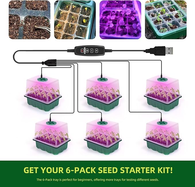 Seed Starter Tray with Grow Light, 6-Pack 72 Cell Seed Starter Trays, Germination Tray with Humidity Dome, Timing, Adjustable Brightness for Starting Vegetable, Flower, Indoor Herb Garden