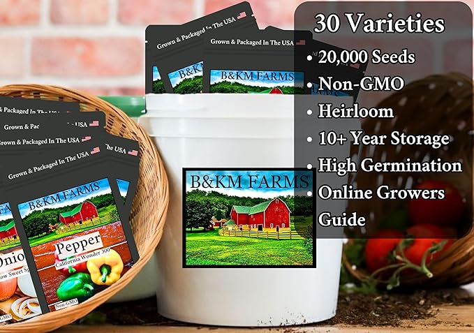 B&KM Farms 20,000+ Survival Seed Kit 5+ Year Supply. 30 Fruit & Vegetable Non-GMO Heirloom Seeds for Planting a Home Garden. Secure Emergency Weather-Proof Bucket
