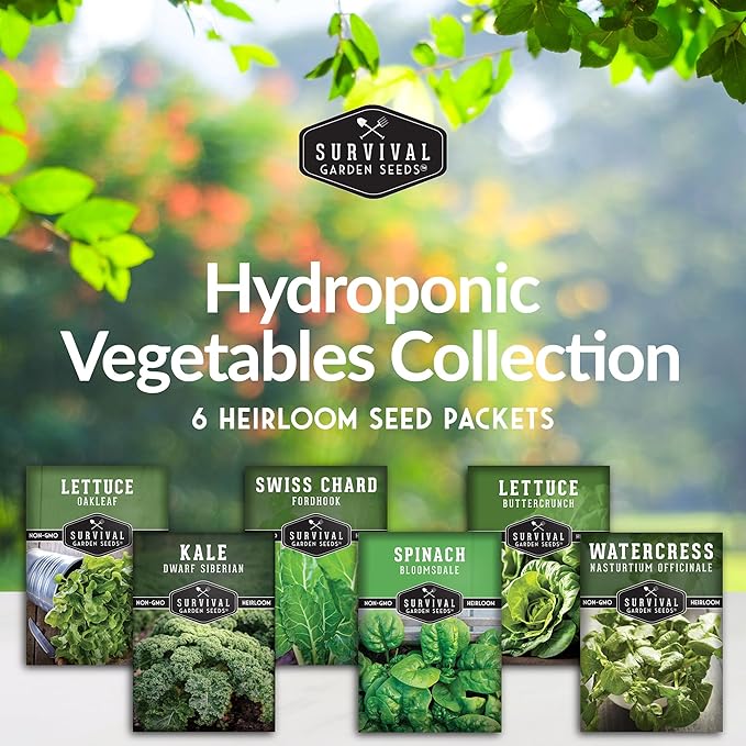 Hydroponics Vegetable Seed Collection for Planting - Watercress, Spinach, Siberian Kale, Swiss Chard, Buttercrunch, Oakleaf Lettuce Varieties to Grow Indoors Non-GMO Heirloom Survival Garden Seeds