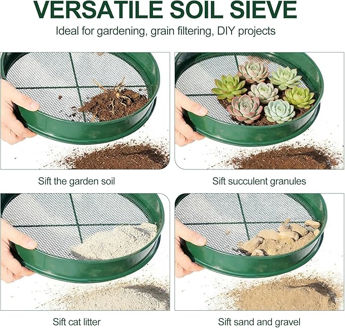 11.8 Inch Garden Soil Sifter Set Dirt Sifter with Interchangeable Screens,Multi-Functional Rock Sifter for Gardening Compost Bonsai and Sand Separation (Green)