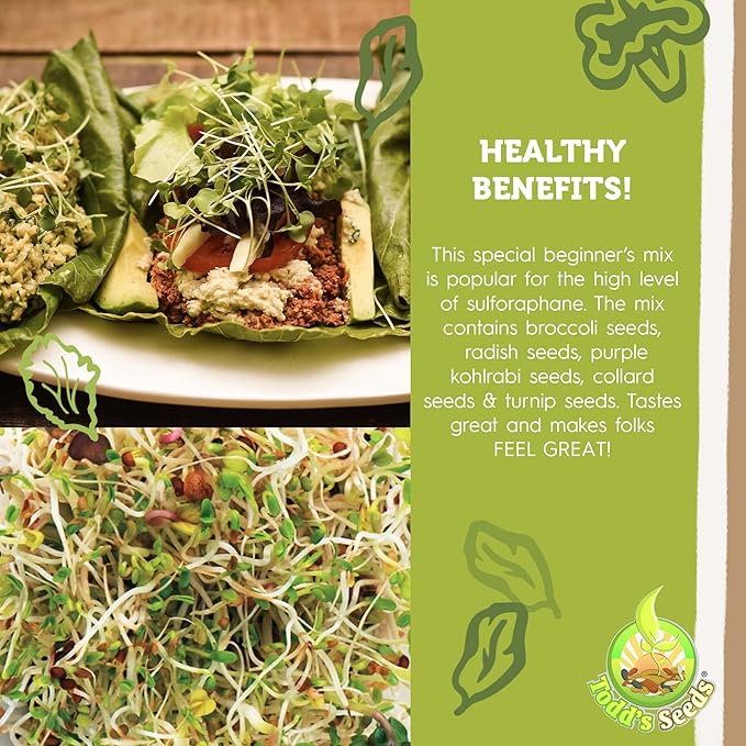 Todd's Seeds Superfood, Beginner's Sprouting Seed Mix for Microgreens, 1 LB, Heirloom, Non-GMO, Purple Kohlrabi, Collards, Radish Seeds, Turnip and Broccoli Seeds Salad Mix (1 Pound)