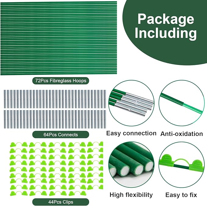 72Pcs Garden Hoops for Raised Beds,12 Sets of 8FT Long Greenhouse Hoops Grow Tunnel, Fiberglass Support Hoops Frame for Netting, Plant Support Garden Stakes for Row Cover