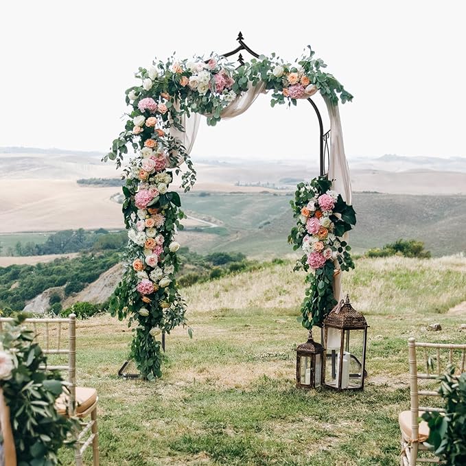 OUSHENG 7FT Garden Arch Trellis, Outdoor Steel Arbor for Climbing Plants, Archway Frame Stand Gate with Ground Stakes for Wedding Ceremony Decoration Party Vines Lawn Courtyard Patio Backyard
