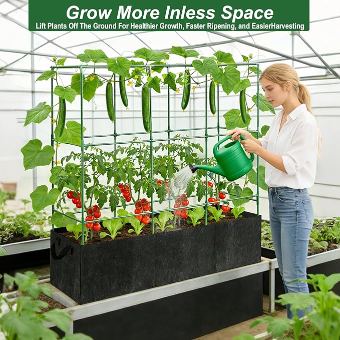 Cucumber Trellis with 46 Gallon Grows Bag, 51x17x65Inch Squar Outdoor Indoor Greenhouse Tomato Cage, Garden Trellis with Plant Support Clips for Climbing Plants Squash, Vegetables, Pumpkin, Pea, Grape
