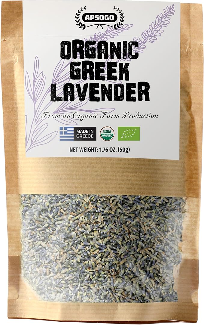 Apsogo Organic Greek Lavender – Premium Dried Flowers (1.76 oz), Organic Herbal Lavender Tea & Culinary Use, Whole Buds in Resealable Pouch