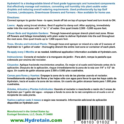 Hydretain Root Zone Moisture Manager - Drought Protection and Moisture Control for Lawns, Gardens, Containers - Reduces Watering, Delays Wilt - Covers up to 5,000 Sq Ft (32 Fl Oz., RTS)
