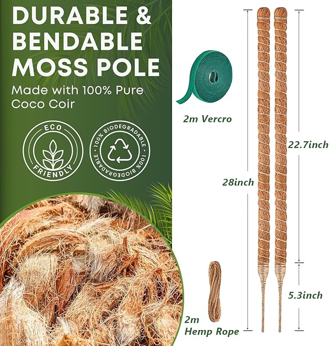 MAFONE Moss Pole Monstera Plant Support, 2 Pack 28” Bendable Moss Pole Monstera Plant Support for Climbing Plants Indoor, Handmade Coco Coir Plant Pole Sticks Support Stakes for Potted Plants