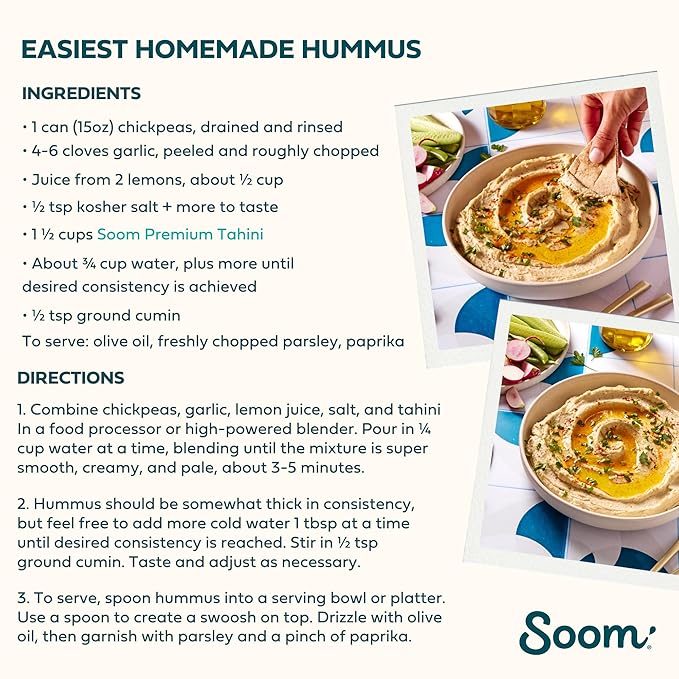 Soom Foods Organic Tahini 11oz (2 Pack) | Roasted & Ground Sesame Seed Paste | Creamy Tahini for Dubai Chocolate, Hummus, Sauces | Vegan, Nut-Free, Gluten-Free, Kosher, Keto, Paleo, Whole30