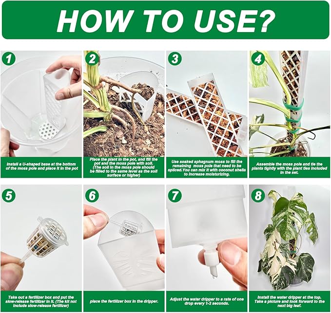 4 Psc 9 Inch D Shaped Moss Pole with Watering Dripper, Plastic Moss Poles for Climbing Plants, Sturdy Monstera Plant Support, Self Watering Moss Pole Kit for Plants Indoor(White)