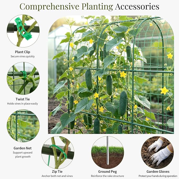 Housolution Cucumber Trellis for Raised Bed, 67"×48" U-Shape Garden Trellis for Climbing Plants Outdoors with 2×3m Net for Tomato Squash Zucchini Peas Beans Grape Fruit Flowers, Green