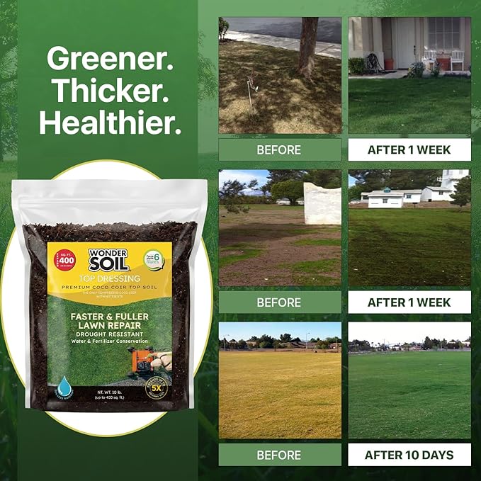 Premium Nutrient Rich Lawn Top Dressing Turf Expanding Coco Coir Mix – 10 LB Covers up to 400 sq. ft. – Grow Thicker Greener Grass in Drought Heat Conditions – Save Water, Seed, & Fertilizer
