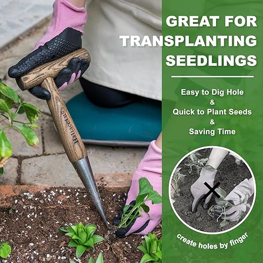 Haliaeetus Dibbler Gardening Tool with 5'' Measuring Scale, Easy to Grip L-Shaped Wood Handle Dibbler, Stamped Stainless Steel Tip Seed Dibber, 11.3'' Dibber for Sowing Seeds and Planting Seedlings