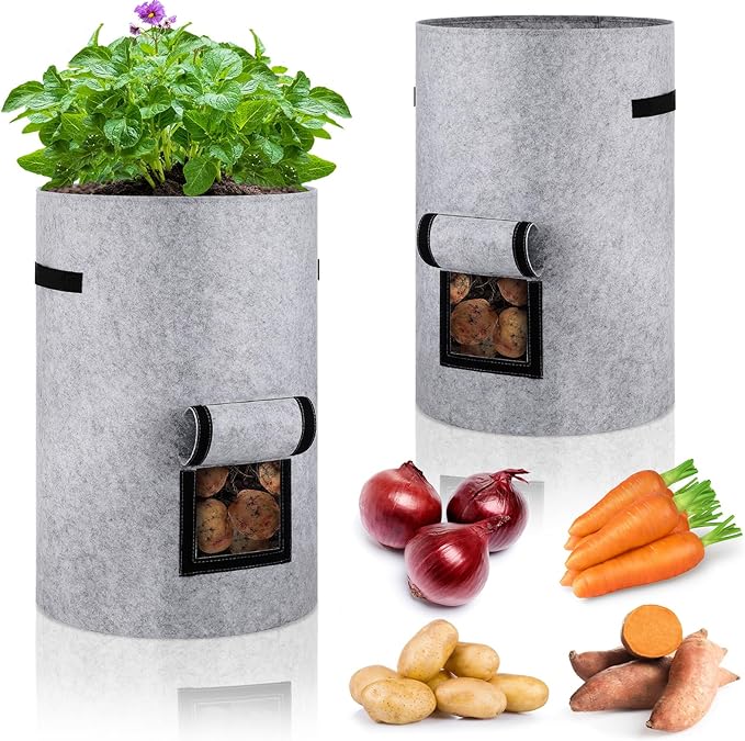 Yoojahow 2 Pack 30 Gallon Potato Grow Bags with Harvest Window, Durable Garden Planter Bags with Handles for Potatoes, Tomatoes, and Vegetables - Indoor & Outdoor Gardening Supplies (Gray)