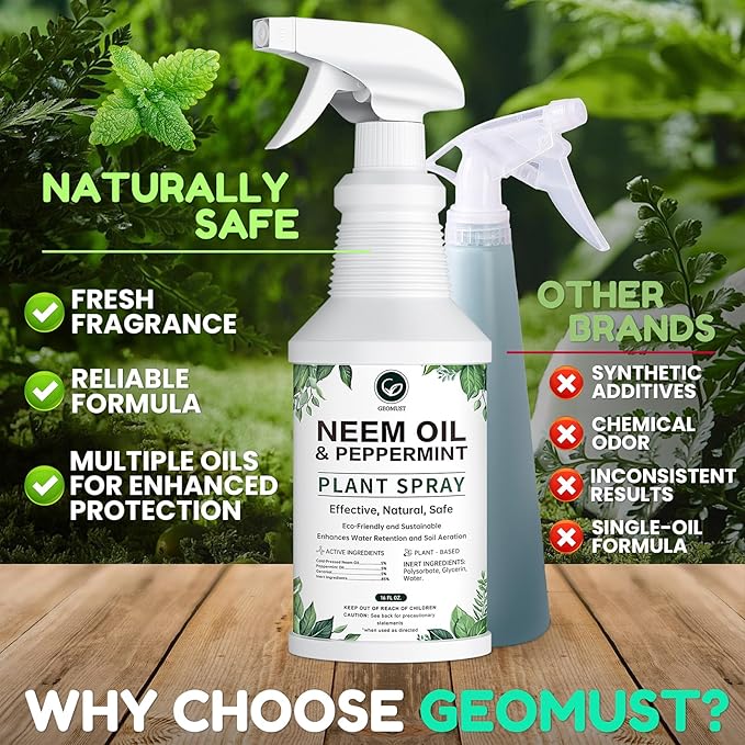 Neem Oil Plant Spray with Peppermint, 16oz Ready-to-Use, Natural Plant Protection, Multi-Purpose Botanical Spray for Indoor & Outdoor Use, Safe for Vegetables & Houseplants