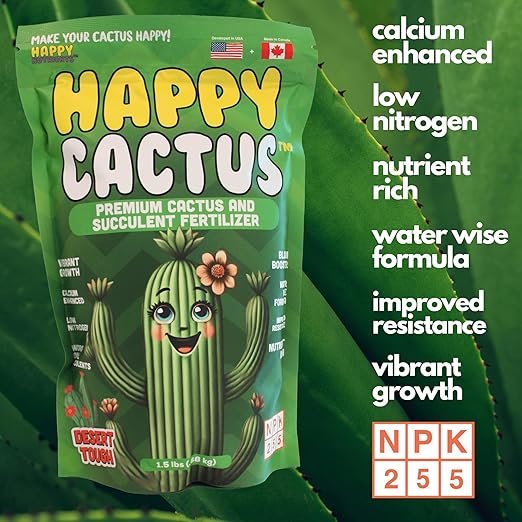 Happy Cactus Fertilizer by Happy Nutrients– Low Nitrogen Fertilizer for Cactus Plant & Succulents – Bloom Booster with Calcium for Vibrant Growth – 2-5-5 NPK, 1.5 lbs for Indoor/Outdoor Use