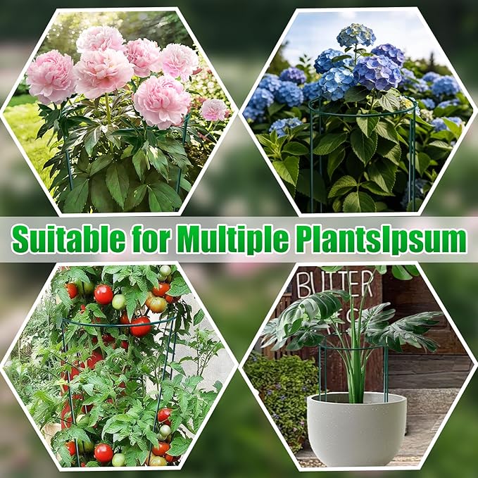 8 Pack Peony Support Cages, 10" W x 24" H Half Round Peony Plant Supports, Heavy Duty Metal Plant Support Stakes, Green Garden Plant Support Rings for Peony, Hydrangea, Roses & Flowers