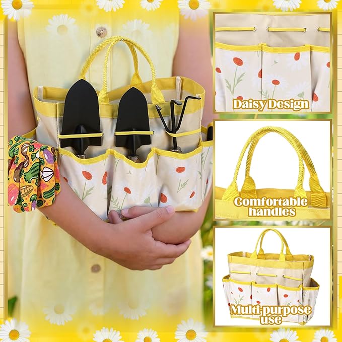 Lasnten 16 Pcs Mothers Day Garden Gift for Mom Women Gardening Supplies Daisy Birthday Garden Tools Set from Daughters Gloves Apron Insulation Cup Fork Trowel Tote Bags for Plant Lover Present