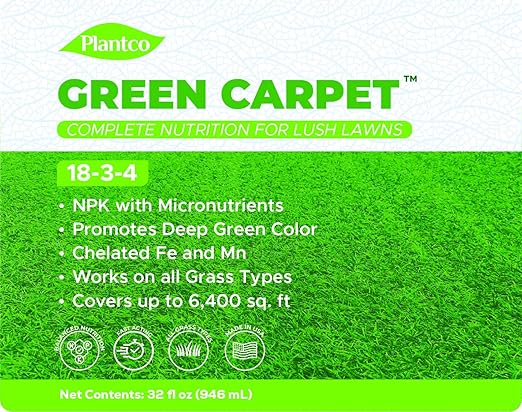 Green Carpet Lawn Liquid Fertilizer with Balanced NPK 18-3-4 with micronutrients | Lawn Food Quality Liquid Fertilizer - Spring & Summer Concentrated Spray - Any Grass Type (32 oz Bottle)