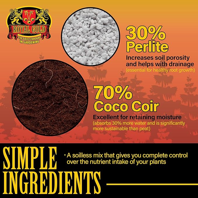 Royal Gold Coco & Perlite 70-30 Premium Soilless Growing Medium, 1.76 Cubic Foot - Ready to Use, High Porosity Container Mix for Indoor and Greenhouse Applications