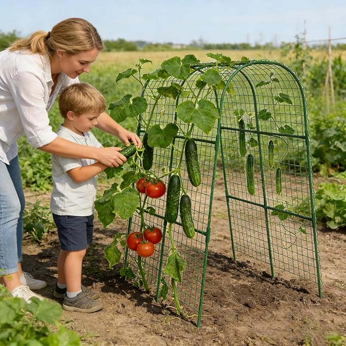 Cucumber Trellis, Metal Garden Arch Trellis for Raised Bed, 32 x 48inch U-Shape Garden Trellis for Climbing Plants Outdoor, Vegetables Fruit Plant Support with Netting, Gardening Supplies (Green)