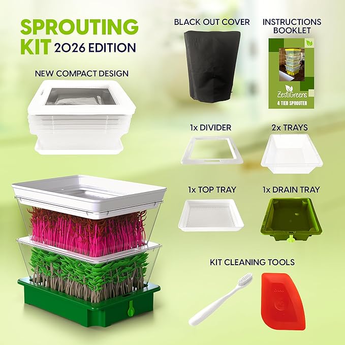 2026 Upgraded 2-Tier Stackable Seed Sprouter with Air Holes & Easy Sink-Draining Spout Tray – Soil-Free Sprouting System for Broccoli, Alfalfa & Bean Sprouts.